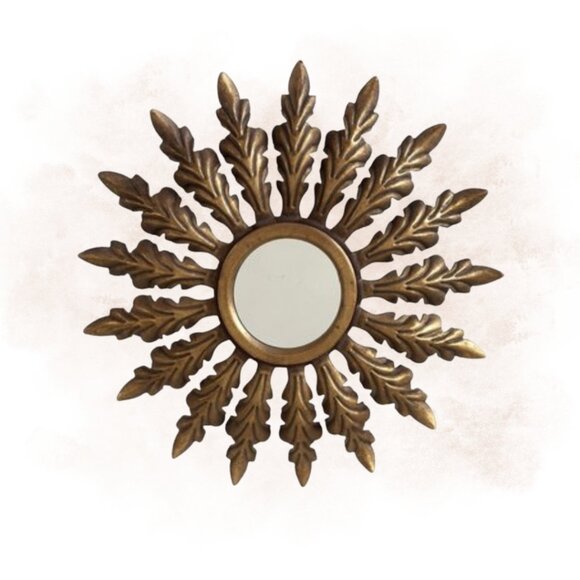 Vintage Gold Sunburst Wall Mirror - Decorative Leaf Design - Picture 1 of 2